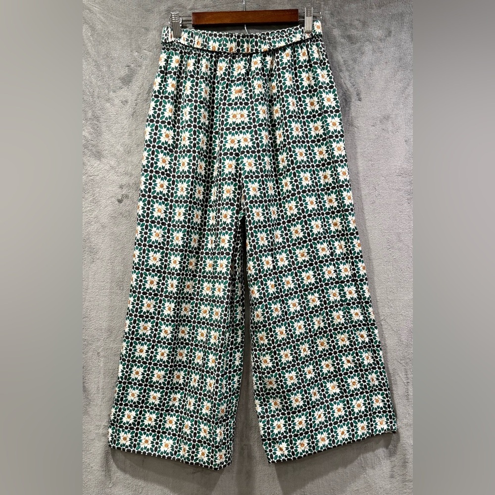 Theory 100% Silk Green Geometric Print Wide Leg Trouser Pants Size S Bohemian - Picture 7 of 9